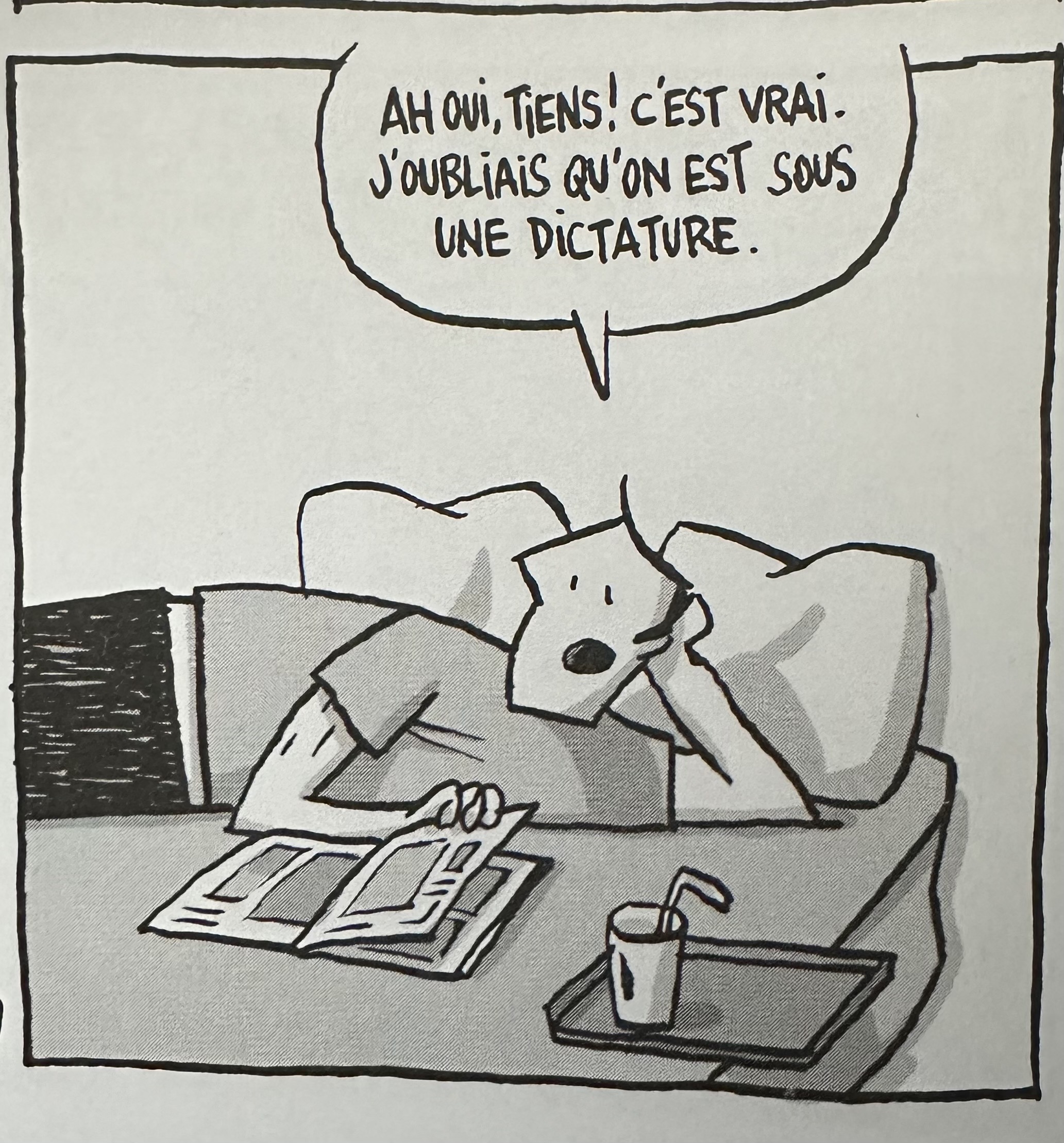 Guy Delisle qui s’allonge sur un lit et dit « Ah oui, tiens ! C’est vrai. J’oubliais qu’on est sous une dictature »