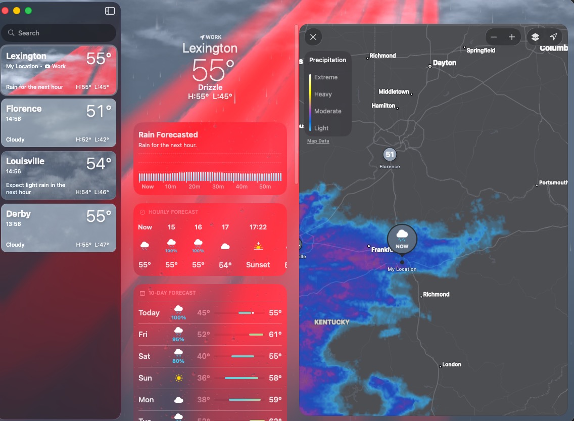 A screenshot of the weather app on macOS, but there are red rays coming from the sky in the background of the center pane.