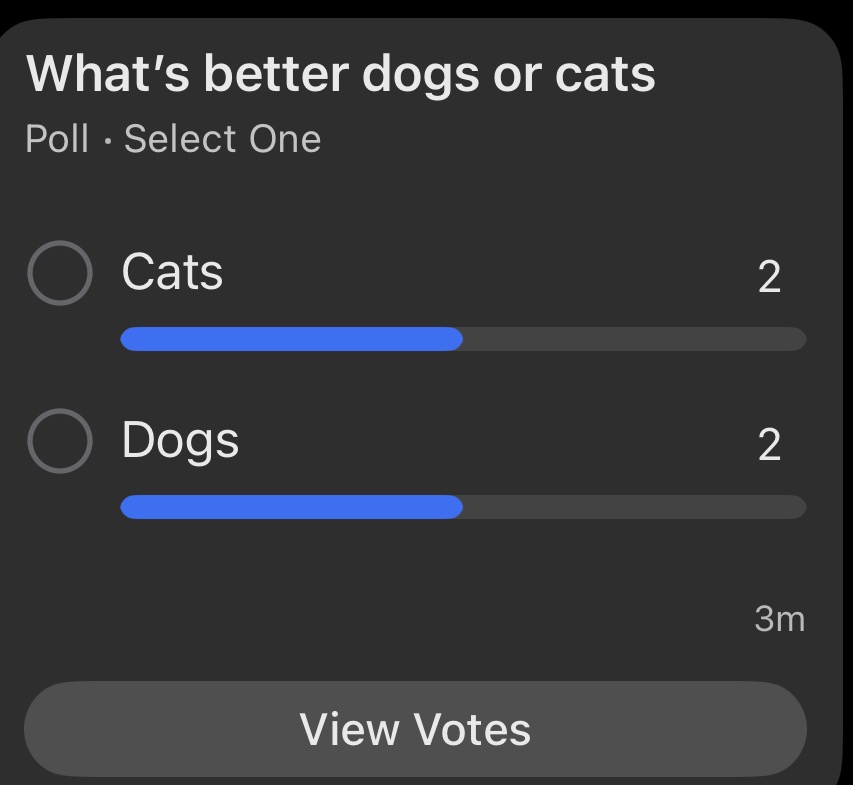 Screenshot of a Signal poll asking “What’s better dogs or cats,” with two votes for each option.
