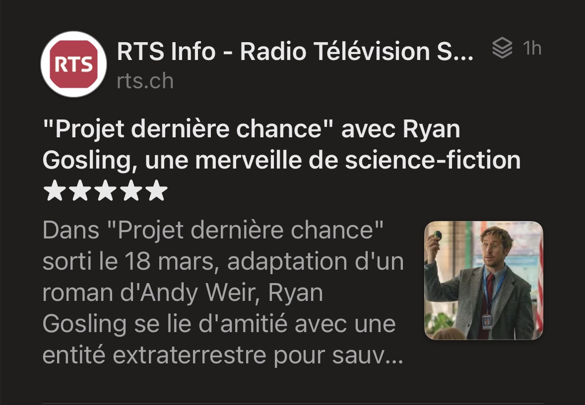 Une capture d’écran d’un article de la RTS sur le film “Projet dernière chance.”