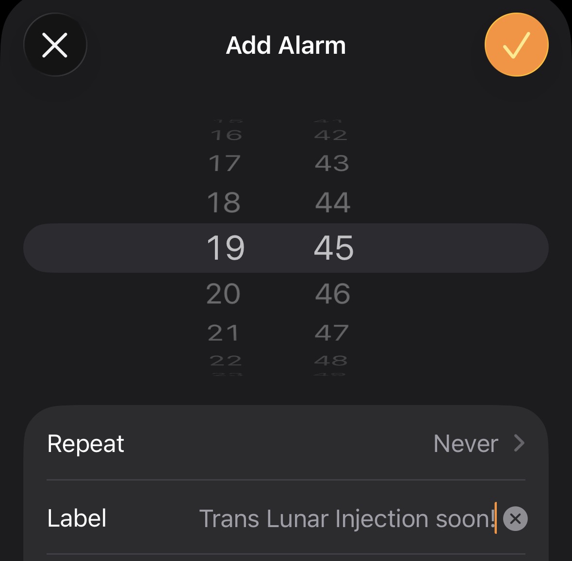 setting an iOS alarm labeled “Trans Lunar Injection soon!” (though I am belatedly realizing that “translunar” should be one word)