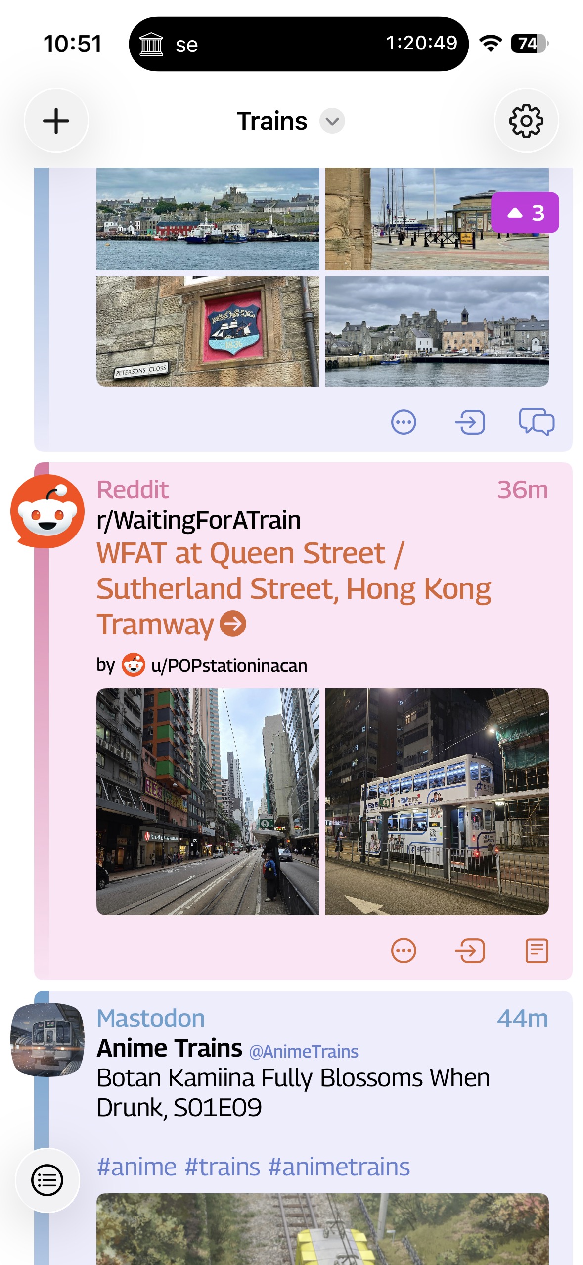 Screenshot of the Tapestry iOS app showing a “Trains” feed filled with reddit and Mastodon posts of rail pictures. It’s neat.