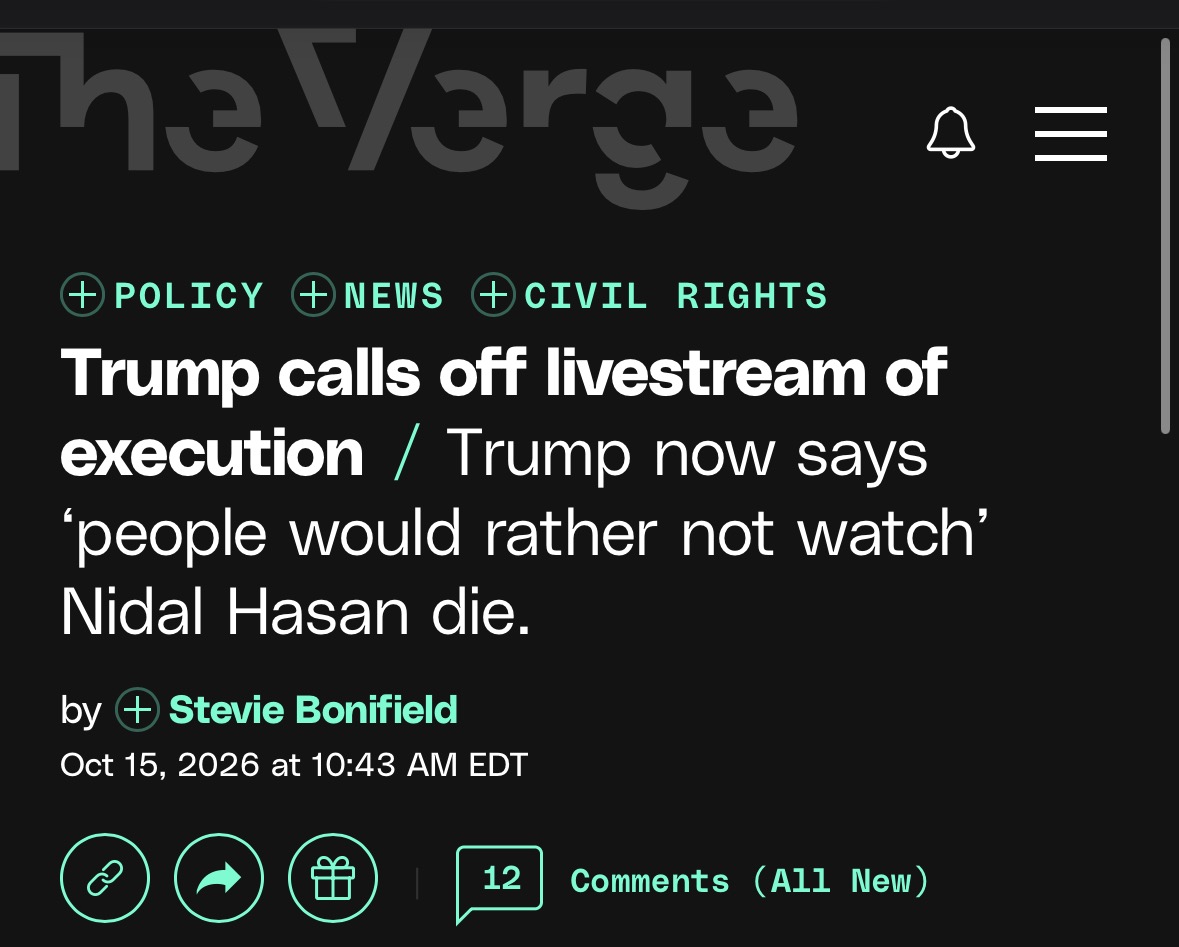 Screenshot from The Verge with headline “Trump calls off livestream of execution.”