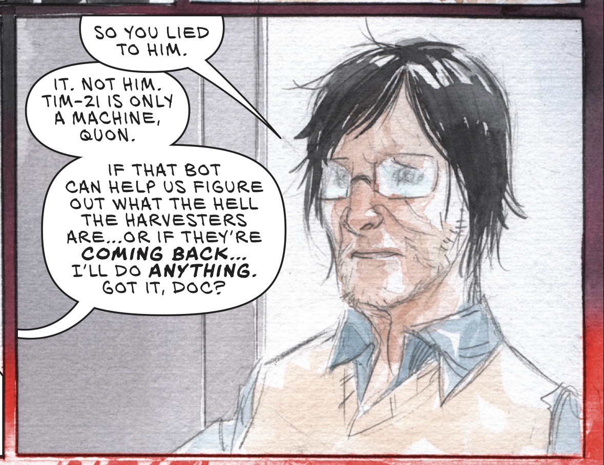 A panel from the first TPB of Descender, with a character chastising another for calling a robot character “him” instead of “it.”